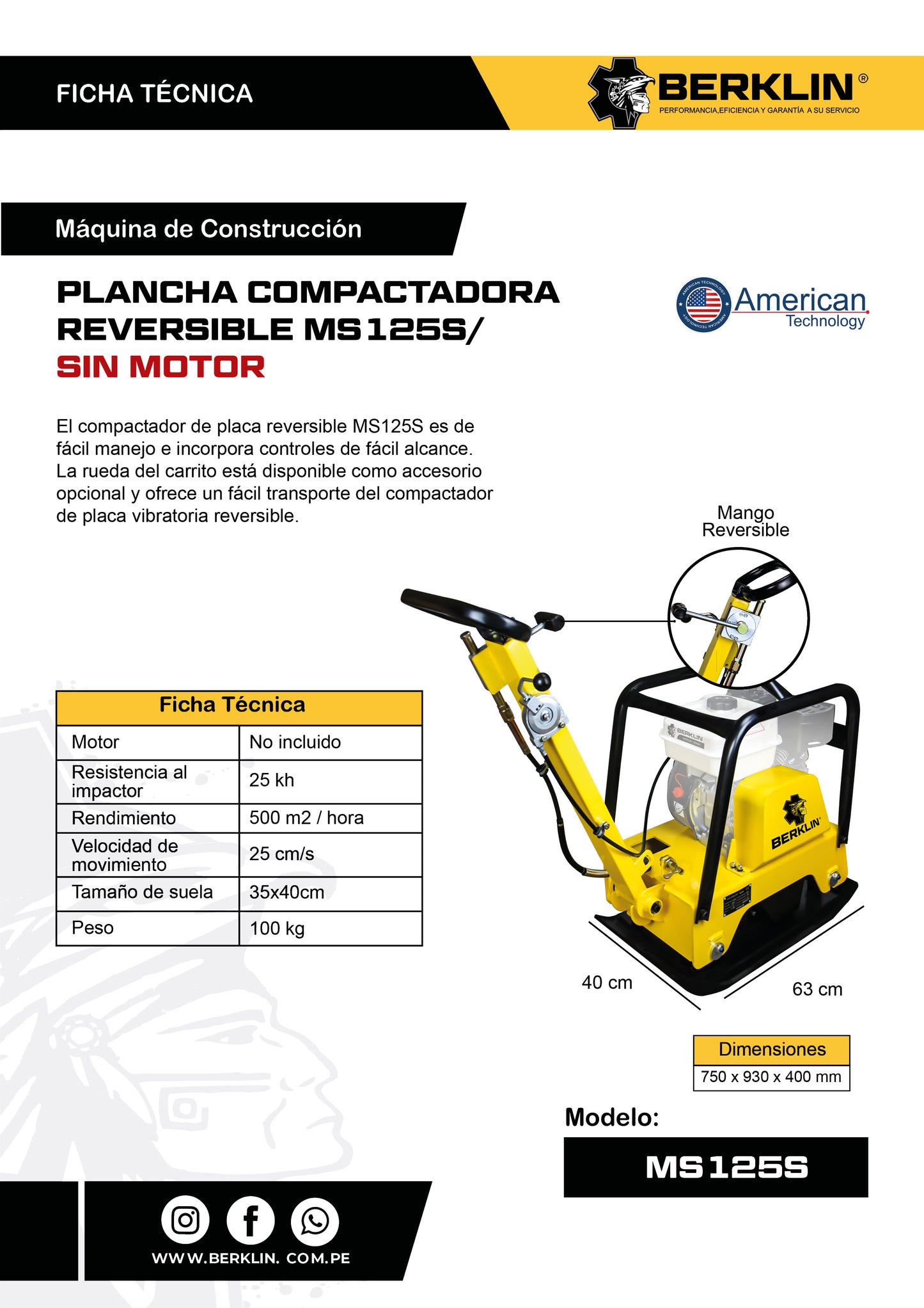 PLANCHAS COMPACTADORA REVERSIBLES MS125 SIN MOTOR HONDA GX160 (5.5HP)