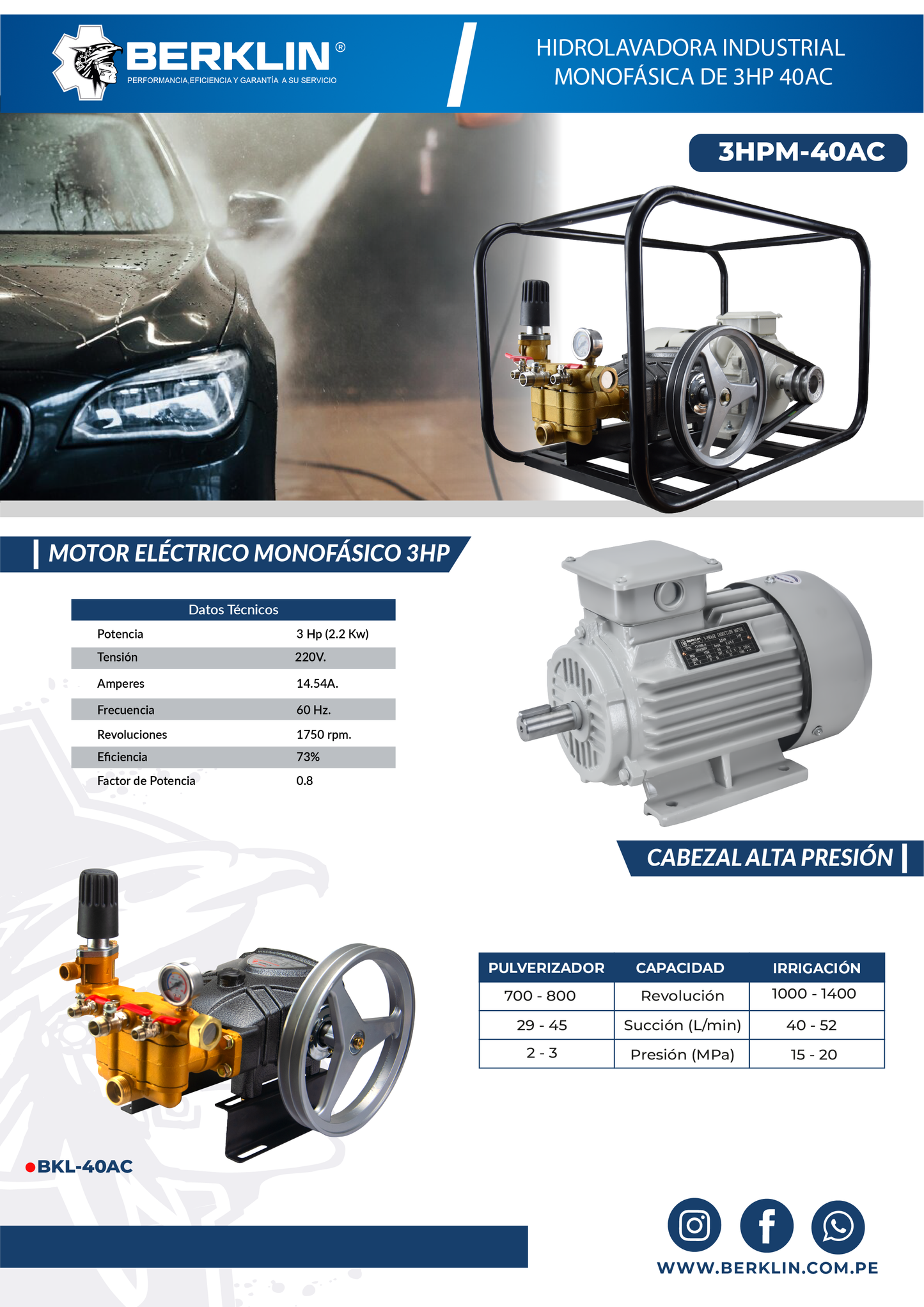 HIDROLAVADORA INDUSTRIAL MONOFÁSICA DE 3HP 40AC