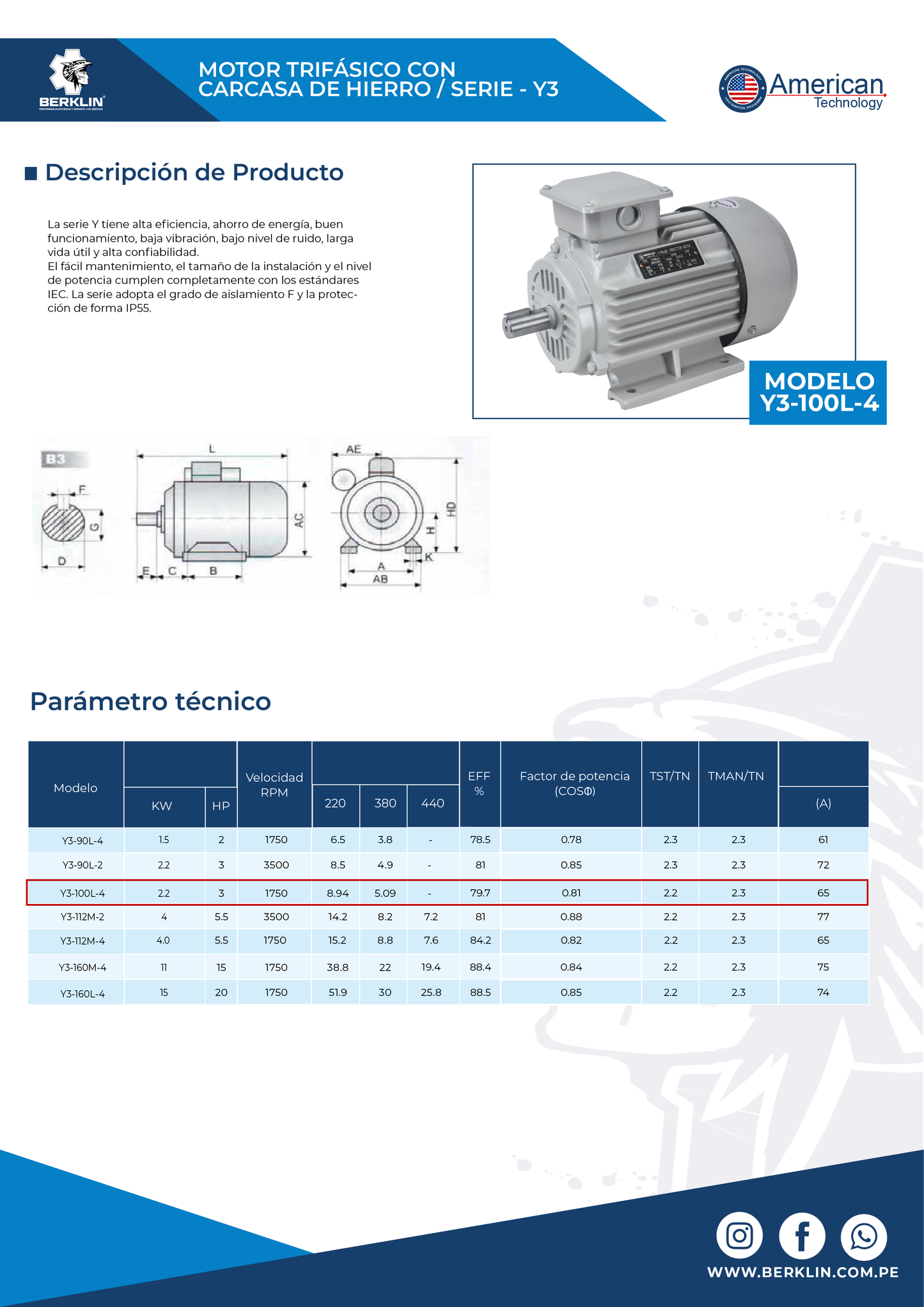 MOTOR ELÉCTRICO TRIFÁSICO DE 3HP 1750RPM